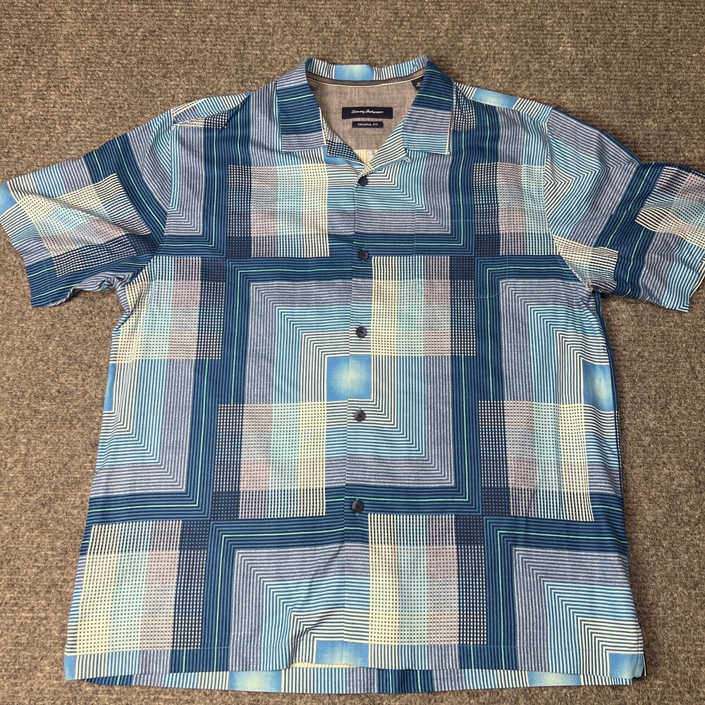 Tommy Bahama Shirt Mens XL Blue Geometric 100% Silk Short Sleeve Camp Button Up